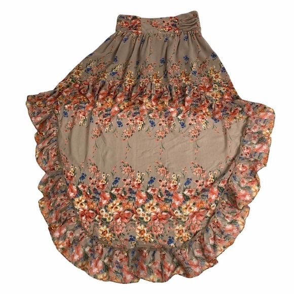 MILLAU Tan Multicolored Floral Print High Low Asymmetrical Ruffled Skirt - Picture 14 of 14